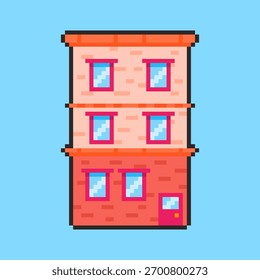 Ilustración vectorial de Hotel Building con Pixel Art Design, perfecto para diseños temáticos de activos de juego