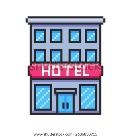 Vector Illustration of Hotel Building with Pixel Art Design, perfect for game assets themed designs