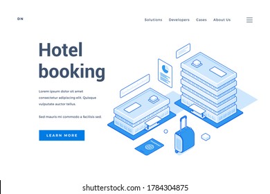 Vector illustration of hotel buildings with luggage and passport near description and link button on banner advertising room booking service. Isometric web banner, landing page template
