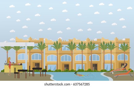 Vector illustration of hotel, egyptian resort on the beach with swimming pool, bar, lounge chairs, palm trees and tourists taking rest. Trip to Egypt concept flat style design element.