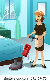 A Vector Illustration Of Hotel Janitor Cleaning Floor With Machine