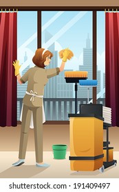 A vector illustration of hotel janitor cleaning the window with mop