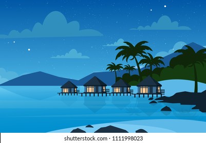 Vector illustration of hotel on the tropical beach in night time. Villa on beautiful sea shore. Vacation concept in flat style.