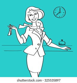 Vector illustration of a hotel receptionist with keys at the front desk