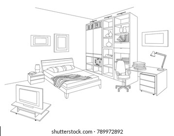 Vector illustration of hotel or studio, bed and wardrobe, shelves und writing desk. Home outline set.