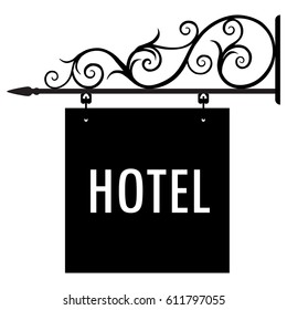 Vector Illustration Hotel Vintage, Old Sign.  Signage Shop Sign Route Hanging Information Banner Retailer. Hotel Door Sign