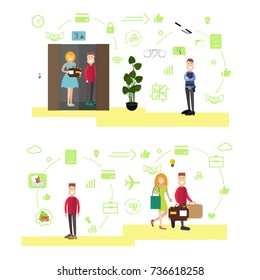 Vector illustration of hotel workers porter, lift operator, doorman, security guard and guests females. Hotel people flat symbols, icons isolated on white background.