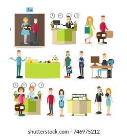 Vector illustration of hotel workers receptionist, chambermaid, housemaid, porter, doorman, security guard and guests. Hotel people people flat symbols, icons isolated on white background.