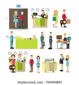 Vector illustration of hotel workers receptionist, chambermaid, porter, doorman, security guard, housemaid, guests males and females. Hotel room reservation, buffet service flat style design elements.