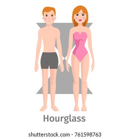 Vector illustration hourglass body shape types characters standing beauty figure cartoon model.