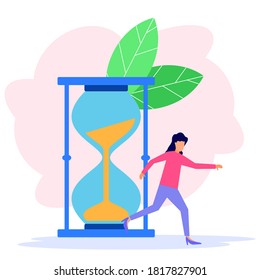 Vector illustration, hourglass, business woman managing time, time management concept, starting work, team work, back time transfer.