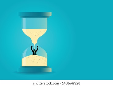 Vector illustration of a hourglass with businessman drowning inside. Time management. Deadline concept