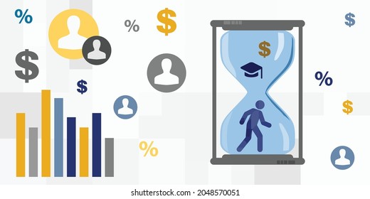 vector illustration of hourglass charts and financial symbols for graduating from university and starting job