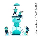 vector illustration of hourglass with clock rotating in the middle to count down. measure time limit and workability. women and men workers. designed for website, web, landing page, apps, poster flyer