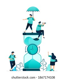 vector illustration of hourglass with clock rotating in the middle to count down. measure time limit and workability. women and men workers. designed for website, web, landing page, apps, poster flyer