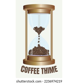 Ilustración vectorial con un reloj de arena. Granos de café en lugar de arena. Descanso para el café. Concepto. Gradientes imitando metal. Tipografía. Hora del café. Se puede utilizar para cafeterías, restaurantes y cafeterías.