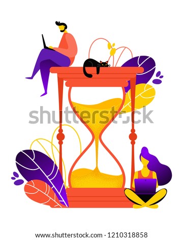 Vector illustration of Hourglass. Concept of time management for social media marketing advertising, blogging, media planning, promotion in social network in flat style