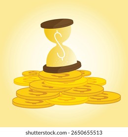 Ilustração vetorial de uma ampulheta com um símbolo de dólar no seu interior, rodeada por moedas de ouro, simbolizando o conceito de que tempo é dinheiro, produtividade, planeamento financeiro e investimento.