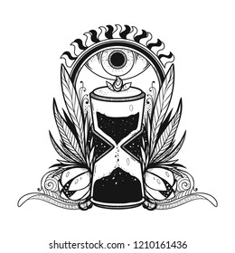 Vector illustration of the hourglass. The drawing of the time. It can be used for printing on t-shirts, cards, or used as ideas for tattoos, stickers, covers. 