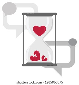 vector illustration of hourglass and healthy and broken heart inside for relationship and time concept 