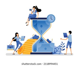 vector illustration of hourglass with money going down. current month debt payments that approaching maturity.immediate settlement of debt. Can use for web website apps poster banner flyer homepage