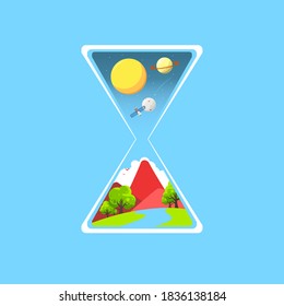 Vector illustration of hourglass with outer space and forest inside it isolated on cyan background