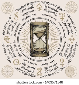 Vector illustration with hourglass with running sand inside in retro style. Hand drawn sand clock with ancient hieroglyphs, runes, spiritual symbols. Glass timer. Time and caducity of life concept