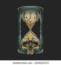 vector illustration hourglass with skull and hour hand showing midnight before new year for t shirt design