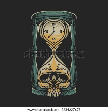 vector illustration hourglass with skull and hour hand showing midnight before new year for t shirt design