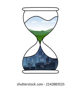 Vector Illustration Hourglass, Where Abstract Sand In The Form Of Nature That Passes Into The City. The Concept Of Ecology, Urbanization, Urban Greening, Natural Resource Management, Environmentalism.