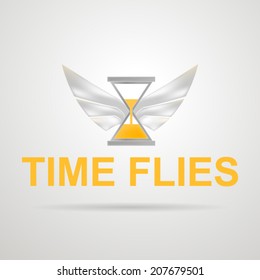 Vector illustration of hourglass with wings. Time flies. Concept of time spending. Hourglass with yellow sand and silver wings. Isolated vector illustration on gray.