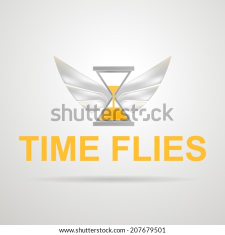 Vector illustration of hourglass with wings. Time flies. Concept of time spending. Hourglass with yellow sand and silver wings. Isolated vector illustration on gray.