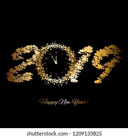 Vector illustration of Hours of waiting for the New Year 2019. Gold watch on a black background.