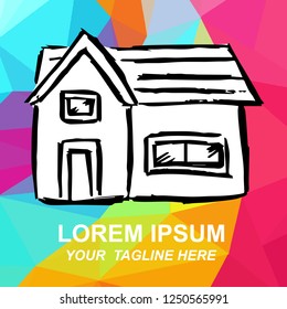 Vector Illustration of House Architecture Building Logo Hand Drawn, Ink, Brush, Sketch with Geometric Polygon Background for Isolated Graphic Design Outline, Sign, Symbol and more
