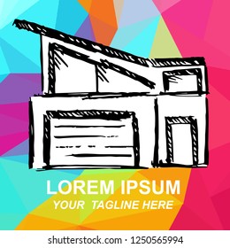 Vector Illustration of House Architecture Building Logo Hand Drawn, Ink, Brush, Sketch with Geometric Polygon Background for Isolated Graphic Design Outline, Sign, Symbol and more