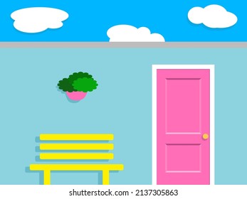 Ilustración vectorial del fondo de la casa con la puerta y el colorido banco.