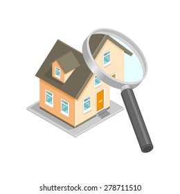 A Vector Illustration Of A House Being Checked.
Isometric House Inspection Icon.
Isometric House Survey With Magnifying Glass.