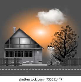 Vector illustration with house, bicycle. autumn tree clouds