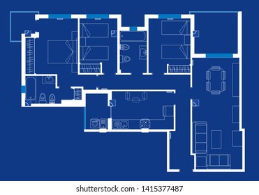 Vector illustration. House blueprint with sketched furniture and distribution.