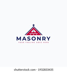 Vector illustration of house, bricks and american flag for masonry logo design
