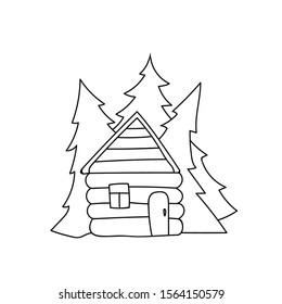 Vector illustration of house building and spruce trees in cartoon doodle style. Coloring book page element.