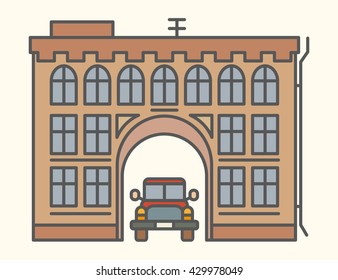 Vector illustration of a house, building, three floors, window, showcase, glass, illustrations on a light background, lines, architecture, colored illustration house, car, transport, lights, wheels