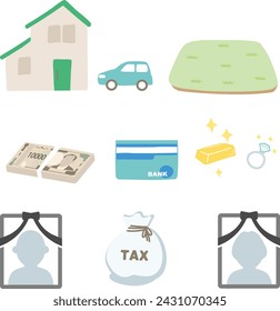 Vector illustration of a house, car, land, cash, bank passbook, precious metal property and remains related to inheritance.