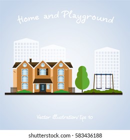 Vector illustration of a house and children's playground. Summer.