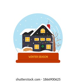 Vector illustration of house with christmas lights in snowfall season isolated. Snow globe with outdoor scene in winter. Snowball in flat linear style. Cute design elements of home related objects