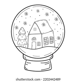 vector illustration of a house in a Christmas snow globe. Doodle illustration of a cute snow globe.