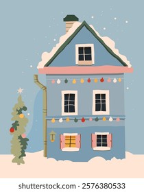 Vector illustration of a house with a Christmas tree and garland.