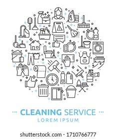 Vector illustration of house cleaning services icon, emblems, logos with vacuum cleaner, spray bottle, sponge, bucket, brush, gloves. Trendy flat cleaning icon.Concept for web banners, poster template