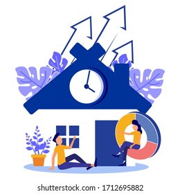 Vector illustration, house and clock above it on a white background, the concept of working time management, quick response to enlightenment, time transfer back.