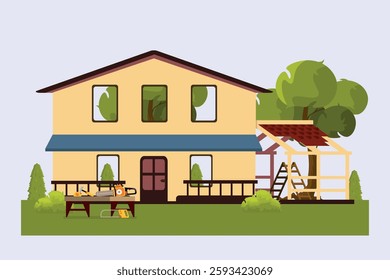 Vector illustration of house construction. Cartoon scene of construction process, carpentry, house frame, slate, ladder, table, chainsaw, hammer, bushes, trees isolated on pastel blue background.